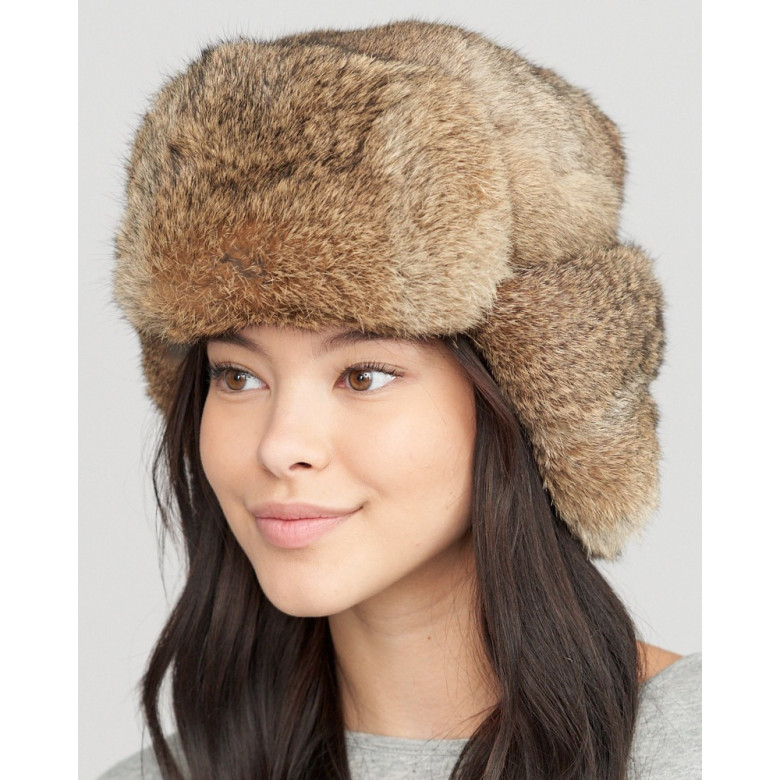 Genuine rabbit fur brown ushanka winter hat